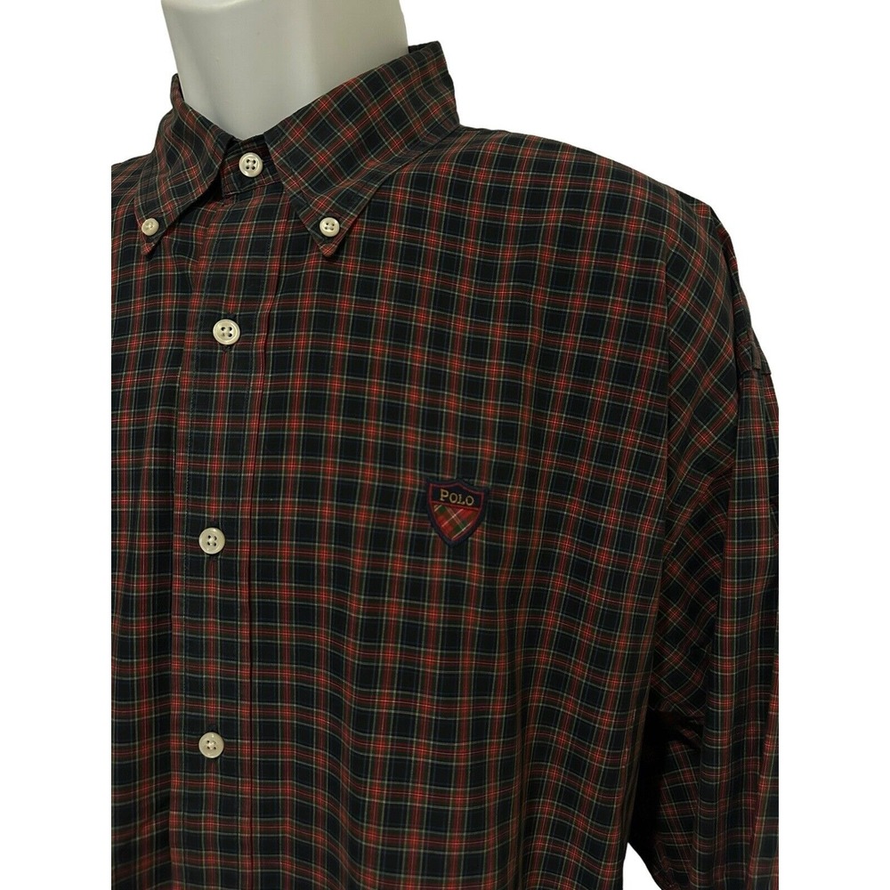 Polo‎ Ralph Lauren Shirt Mens Large Black Red Watch Tartan Plaid Crest XXL VTG